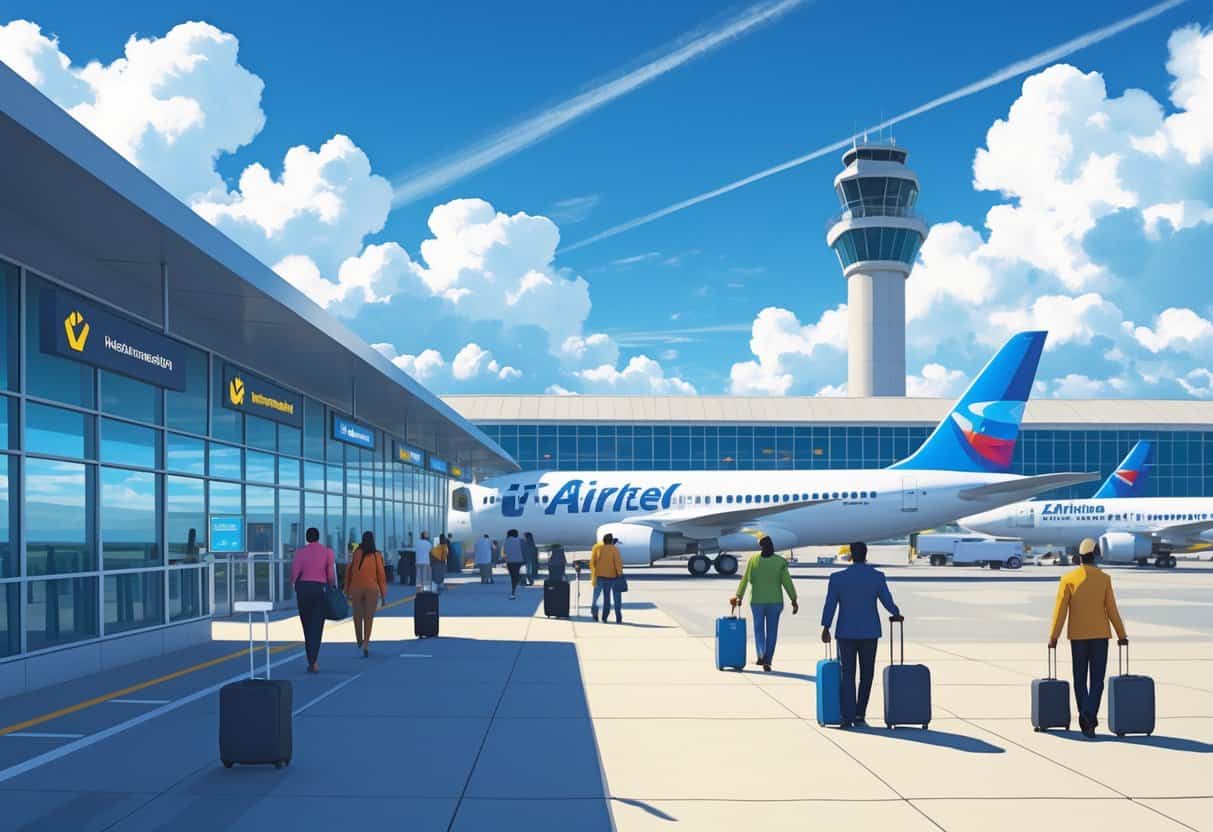 An airport terminal with airplanes parked at gates, passengers walking with luggage, and airport staff working under a clear blue sky.