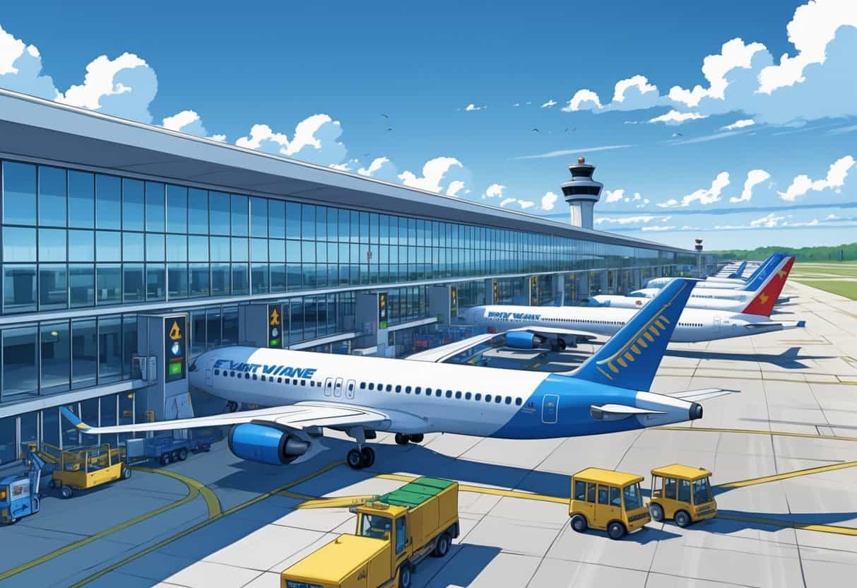 A busy airport scene at Fort Wayne Indiana Airport with airplanes parked at gates, ground vehicles operating, and a control tower in the background under a clear sky.