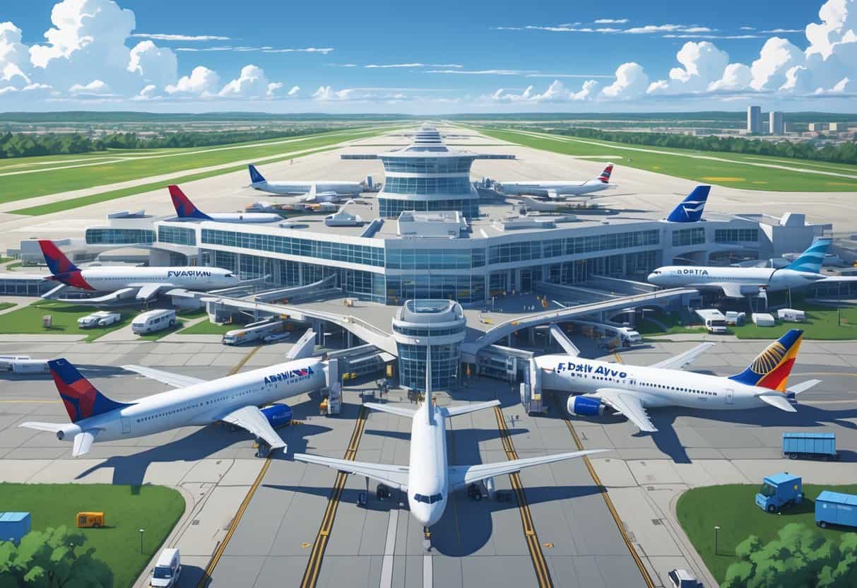 An overview of Fort Wayne International Airport showing the terminal building, several airplanes from major airlines on the runways and gates, ground vehicles, and passengers outside during daytime.