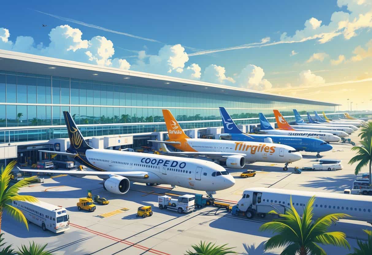 Airplanes from top airlines at Fort Lauderdale Florida Airport with terminal, runway, ground crew, and palm trees under a clear sky.