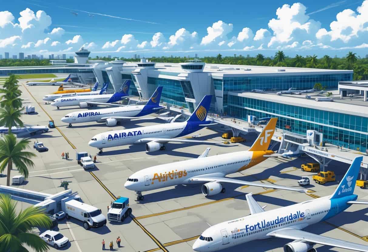 Airplanes from top airlines parked and taxiing at Fort Lauderdale International Airport with the terminal building and palm trees in the background.