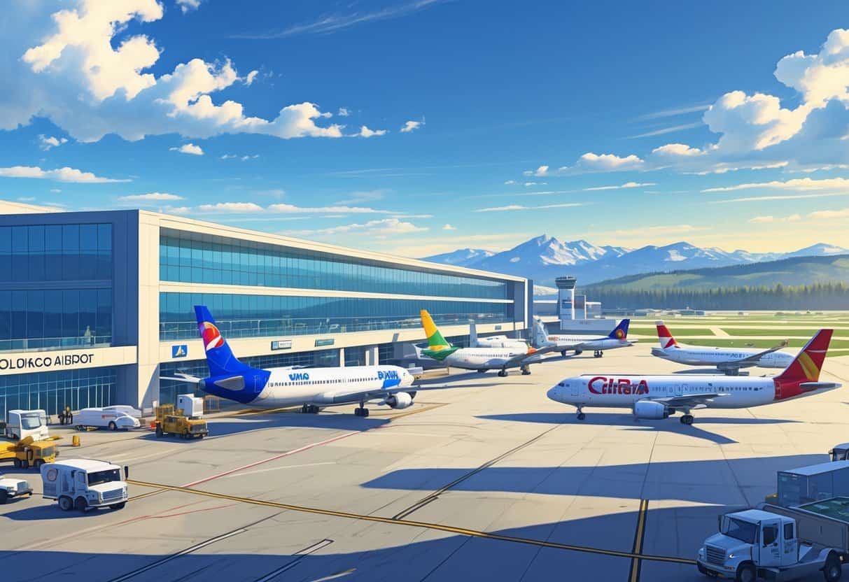 An airport scene at Fort Collins Colorado Airport with airplanes on the runway and mountains in the background.