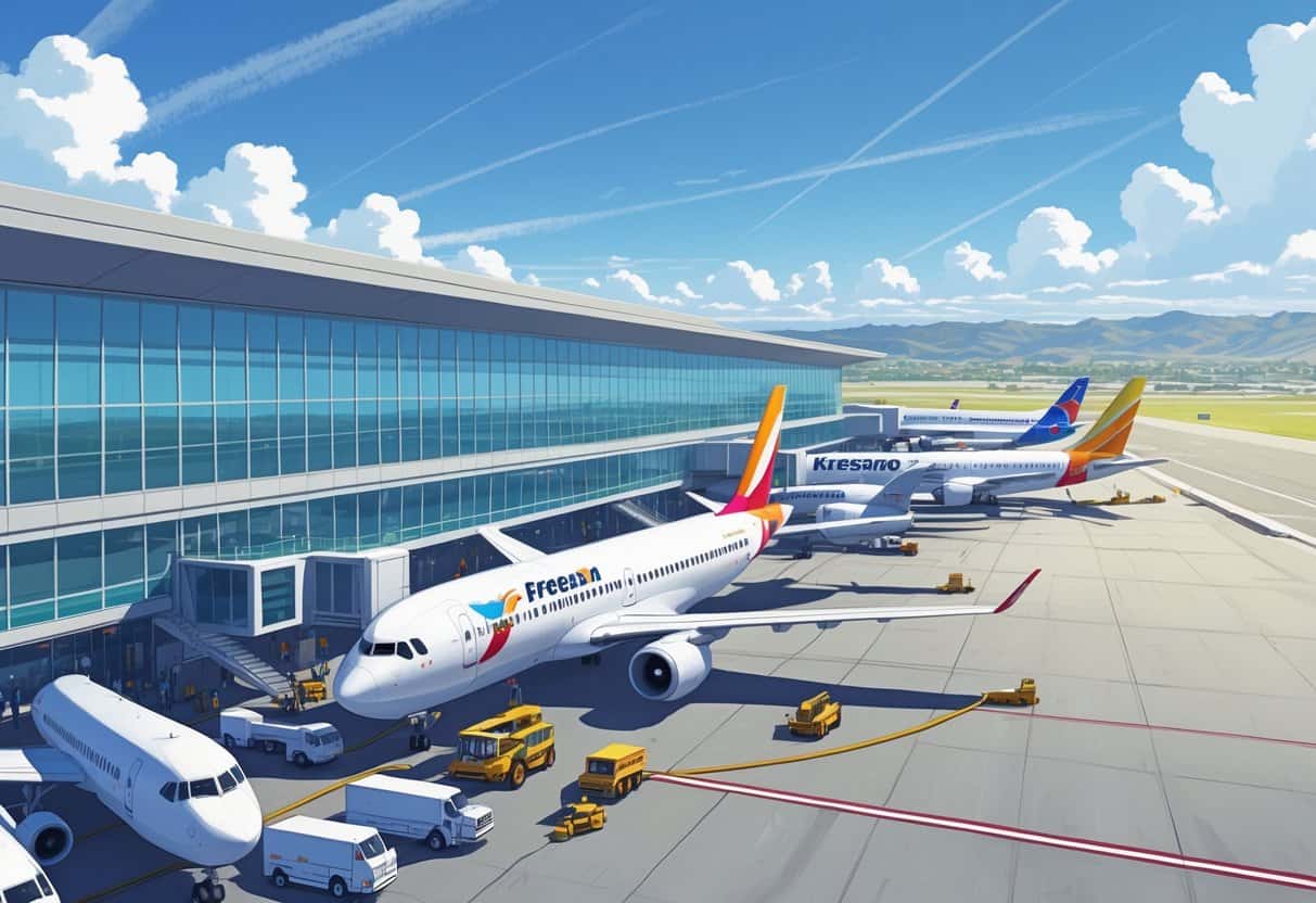 A busy airport scene at Fresno California Airport with airplanes parked at gates, airport staff and vehicles on the tarmac, and the city with hills in the background under a clear sky.