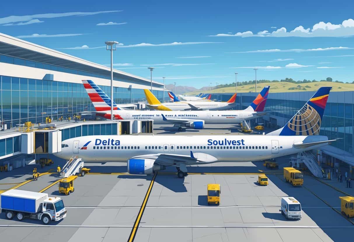 A busy airport scene at Fresno California Airport with several commercial airplanes from major airlines parked at gates and ground staff servicing the planes under clear skies.