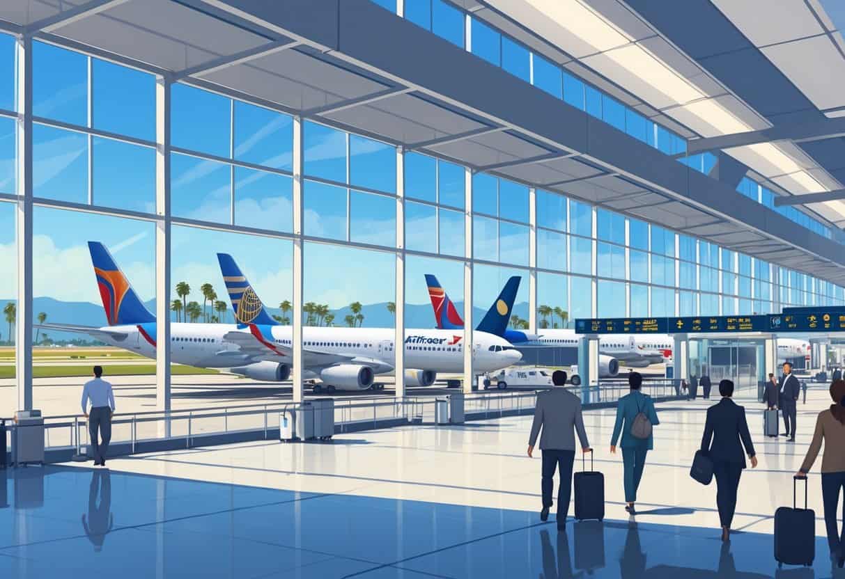 An airport terminal with airplanes from major airlines parked at gates and passengers walking inside, with clear skies and hills visible outside.