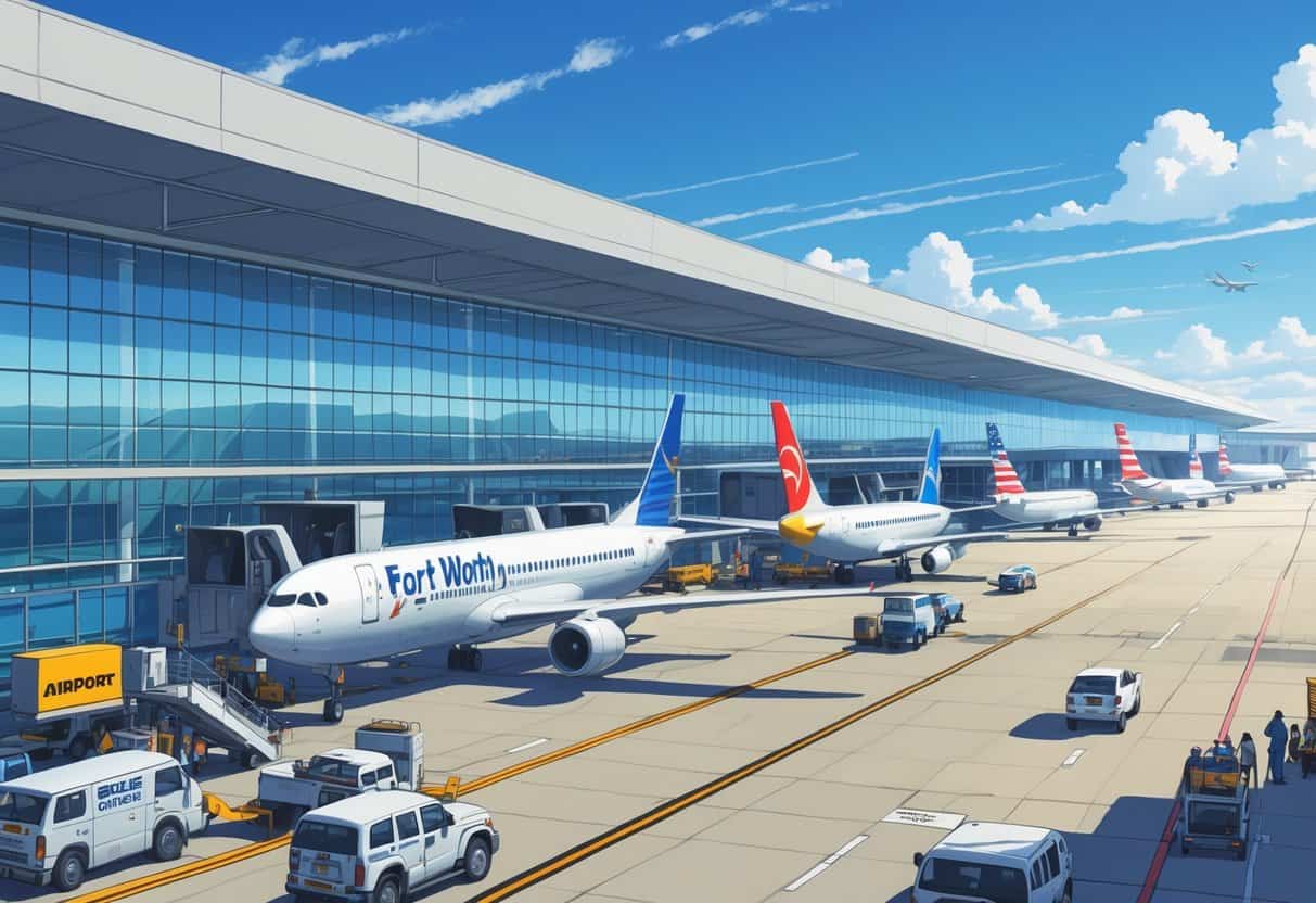 A busy airport terminal at Fort Worth Texas with airplanes parked at gates and people moving around the area.
