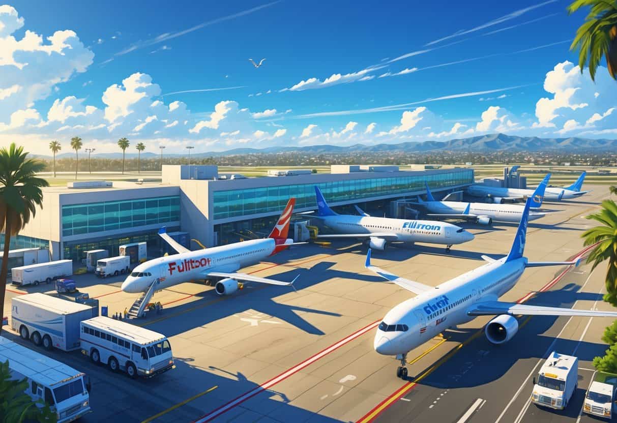 A busy Fullerton California Airport with several commercial airplanes at gates and on the runway, surrounded by palm trees and a suburban landscape under a clear sky.