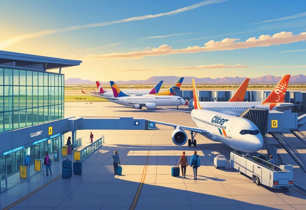 An airport terminal at Gilbert Arizona Airport with airplanes parked at gates, travelers walking with luggage, and a desert landscape with mountains in the background under a clear sky.