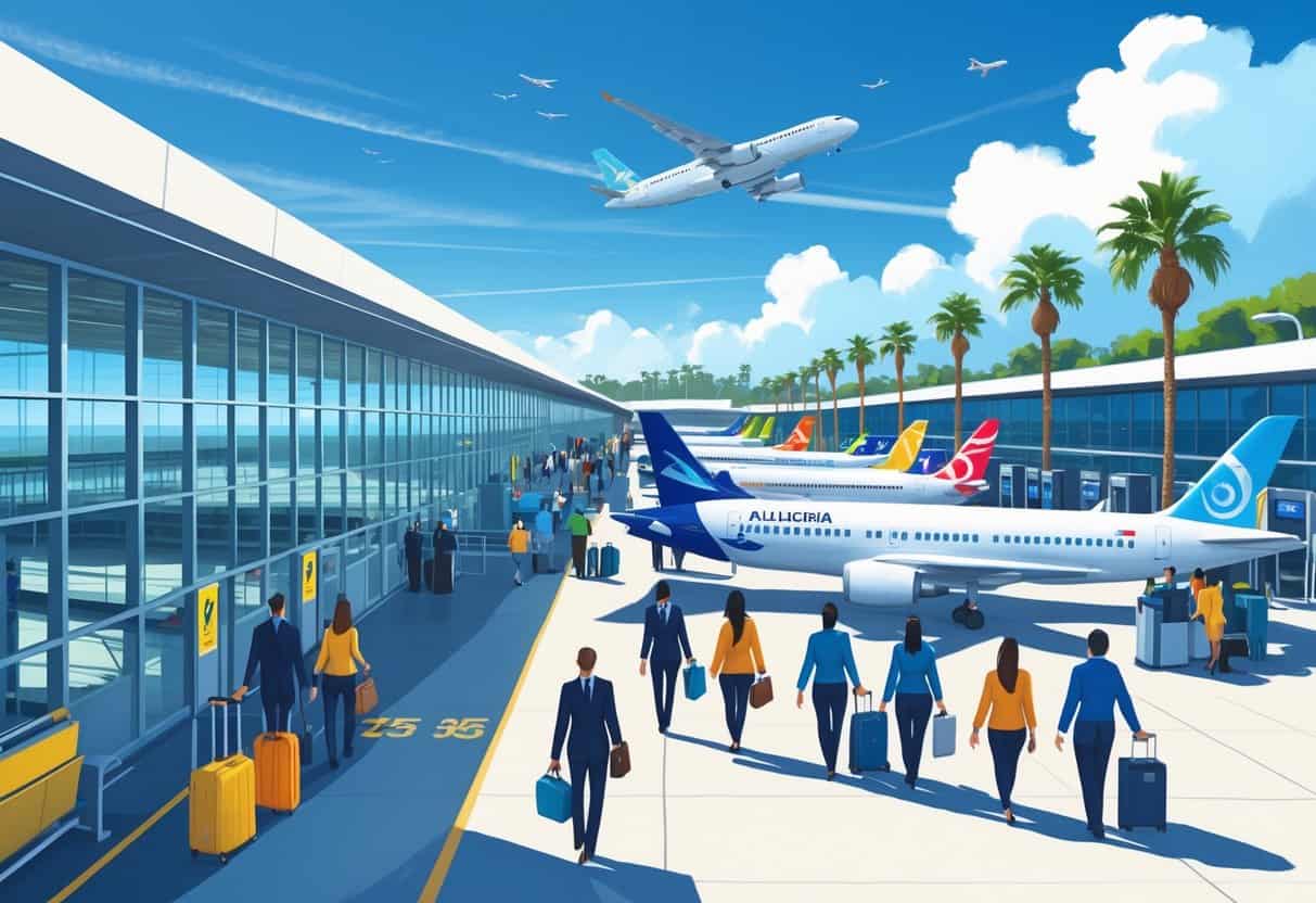 A busy airport terminal at Garden Grove, California with airplanes parked at gates, passengers walking, and palm trees in the background under a clear sky.