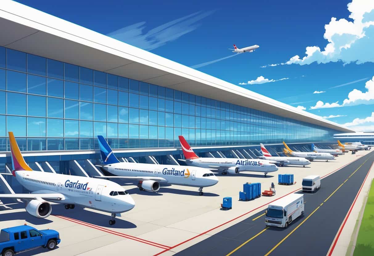A busy airport terminal with airplanes parked at gates, passengers walking with luggage, and clear skies above.