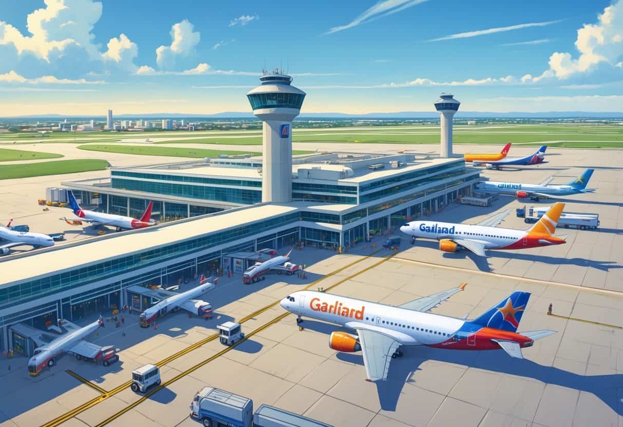 An airport scene showing multiple airplanes at gates, ground vehicles servicing the planes, a control tower, and a city skyline in the background.
