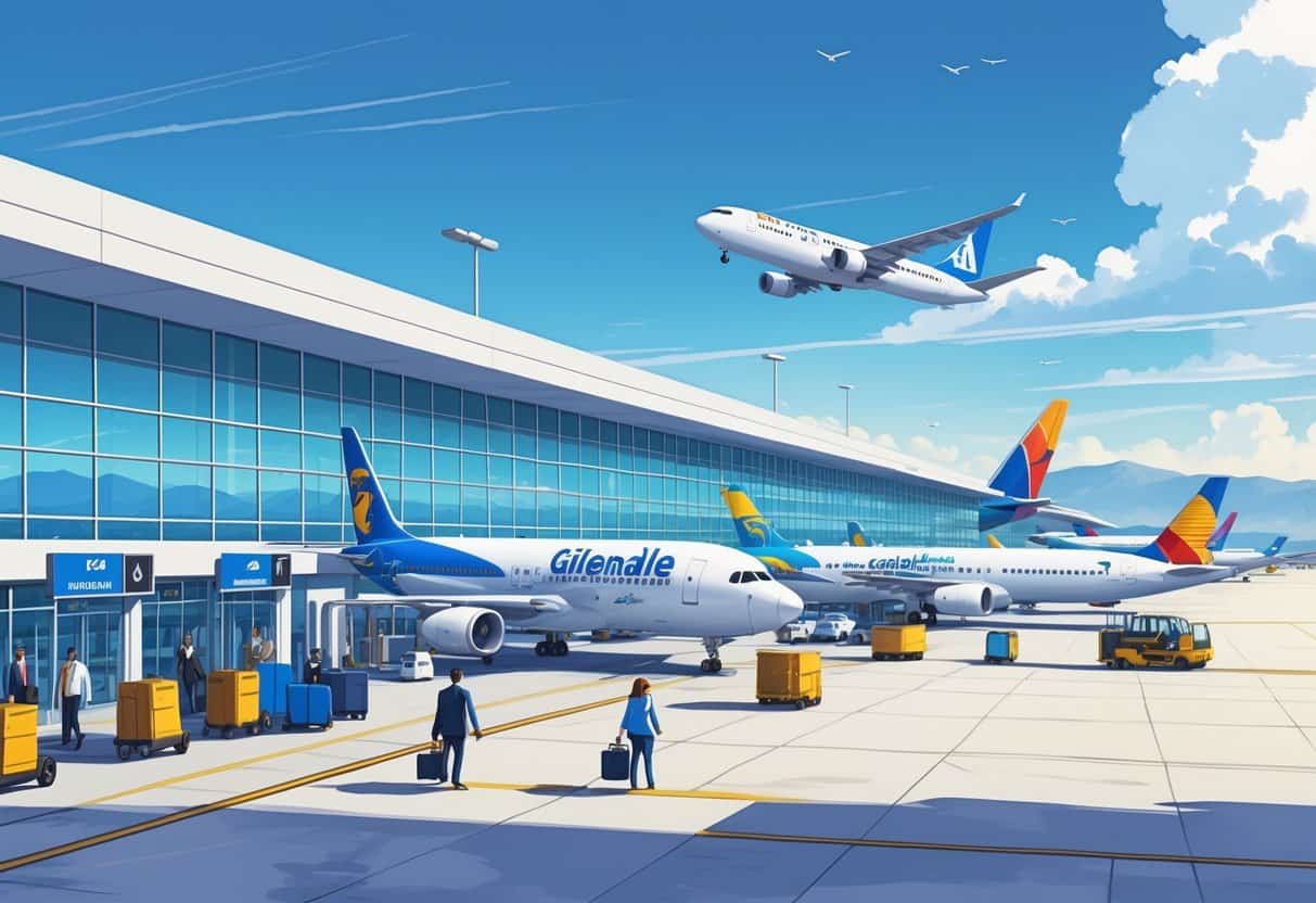 A busy airport terminal in Glendale, California with airplanes parked at gates, passengers walking, and airport vehicles operating under a clear sky with mountains in the background.