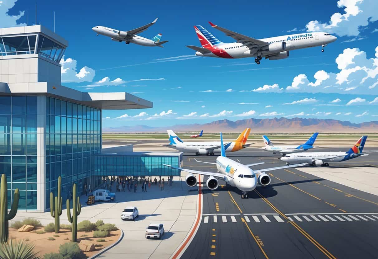 A busy airport terminal with airplanes taxiing and taking off, surrounded by desert and mountains under a blue sky.