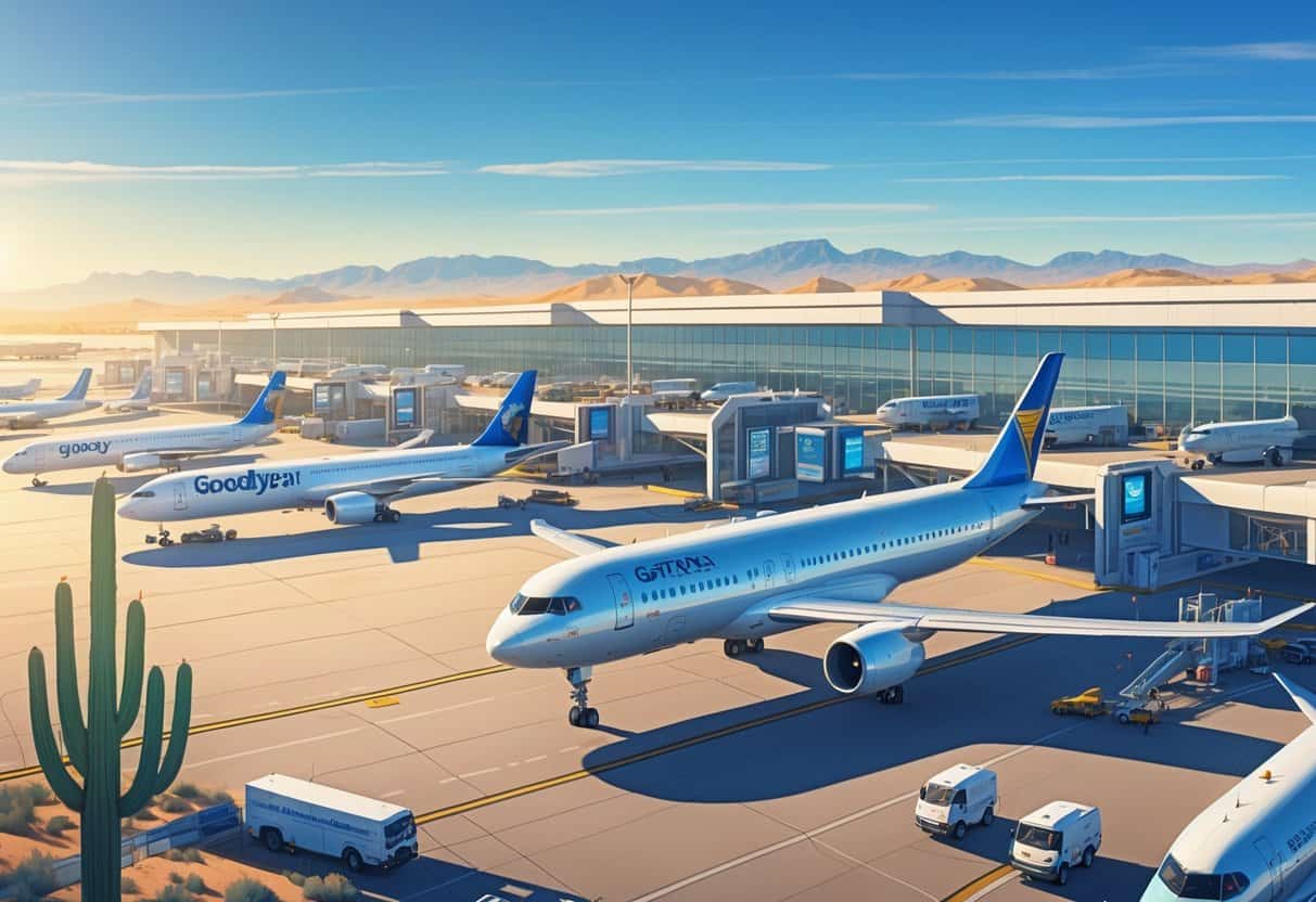 A busy airport runway with airplanes from various airlines parked at gates and one plane taking off, set against a desert landscape with mountains and clear sky.