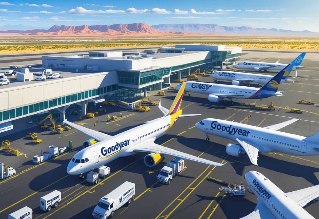 A busy airport in Goodyear, Arizona with several commercial airplanes parked and taxiing near a modern terminal, surrounded by desert landscape and mountains.