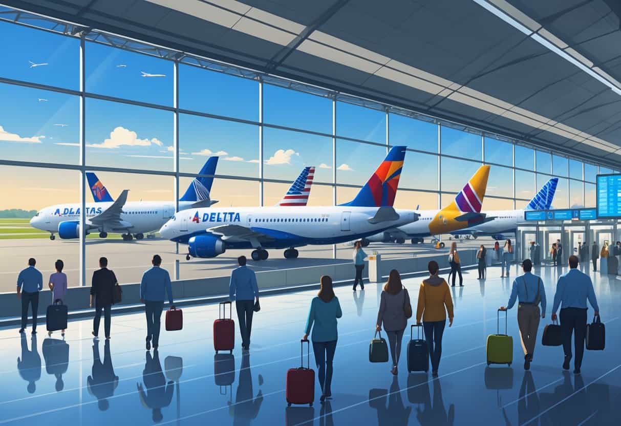 A busy airport terminal at Grand Rapids Michigan with airplanes from major airlines ready for boarding and passengers moving through the terminal.