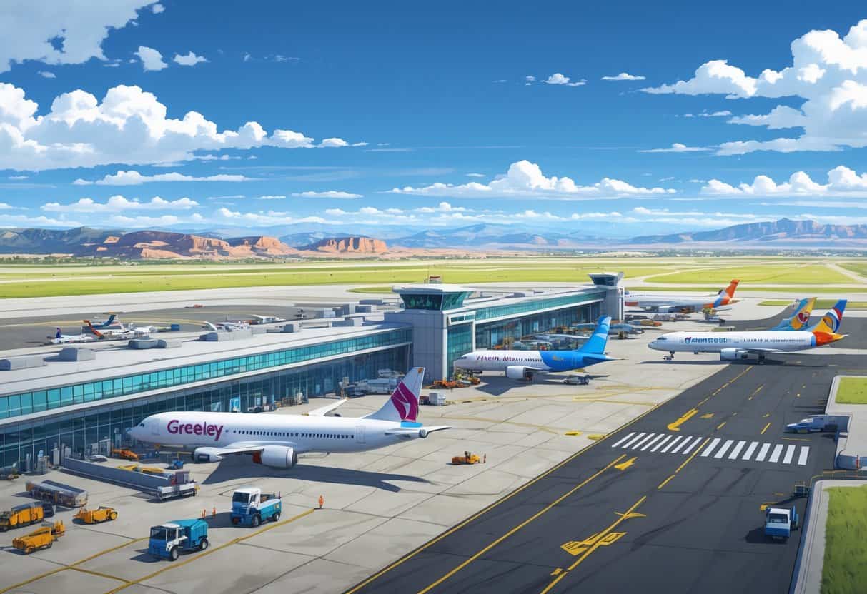 A regional airport with airplanes from multiple airlines parked and taxiing, set against plains and distant mountains under a blue sky.