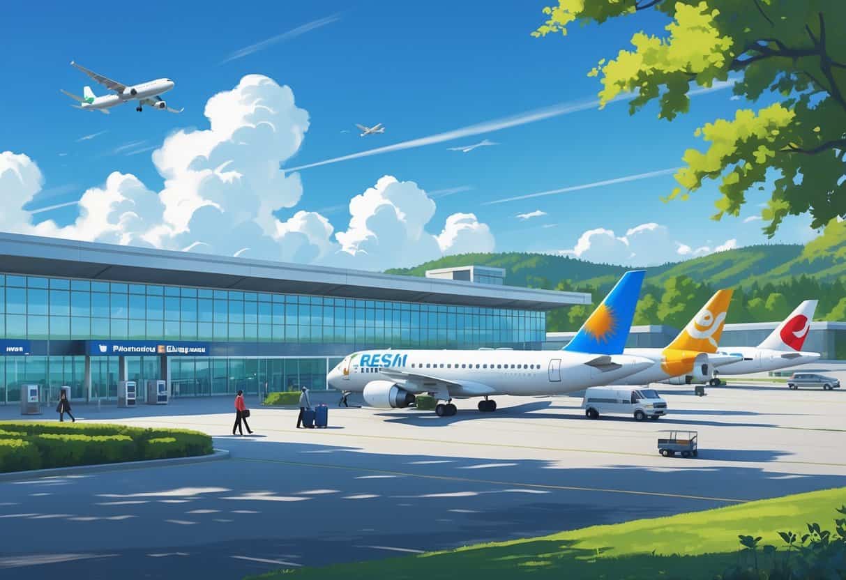 A regional airport with airplanes parked at gates, passengers walking near the terminal, and green hills in the background under a blue sky.
