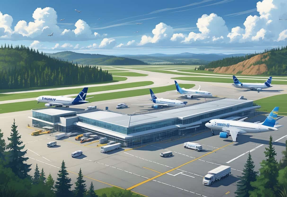 Overview of Gresham Oregon Airport with airplanes on runways and taxiways, surrounded by trees and hills under a partly cloudy sky.