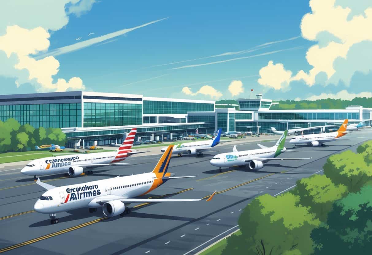 An airport scene showing airplanes taxiing near a terminal with passengers and clear skies.