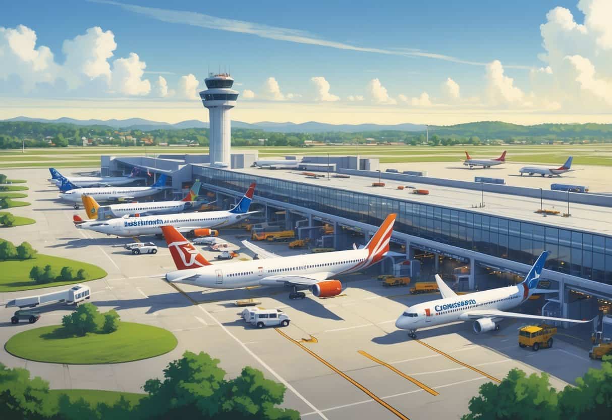 An airport scene showing multiple airplanes from different airlines parked at gates with a control tower and green landscape in the background.