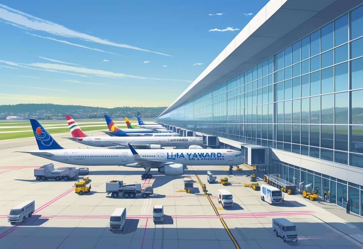 A busy airport terminal at Hayward California with airplanes parked at gates and airport staff working on the tarmac under a clear blue sky.