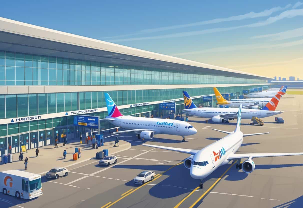 An airport terminal with airplanes from different airlines parked at gates, passengers walking, and airport vehicles on the runway.