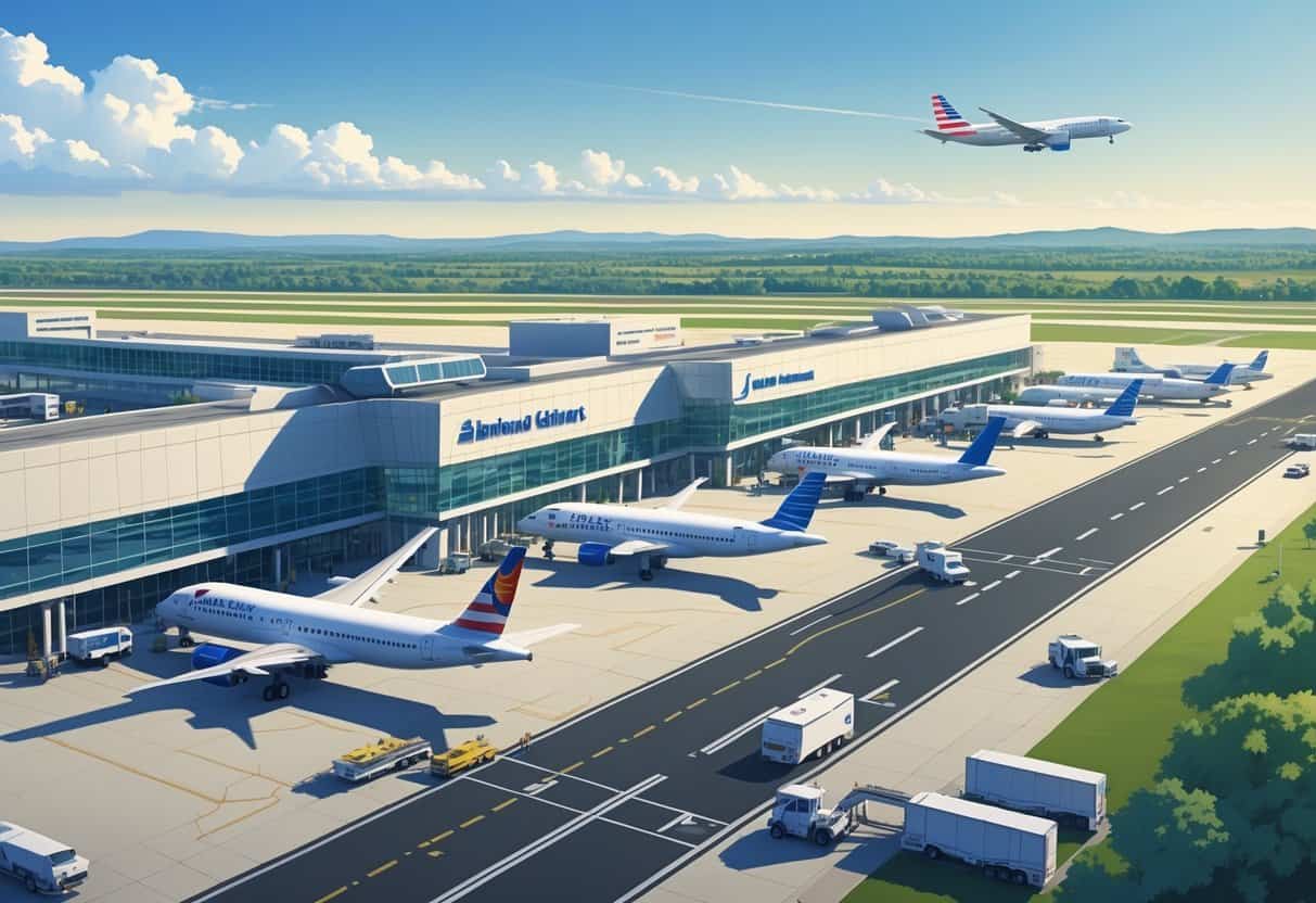 An airport terminal with several airplanes parked at gates, a plane taking off, ground service vehicles, and passengers walking nearby during the day.