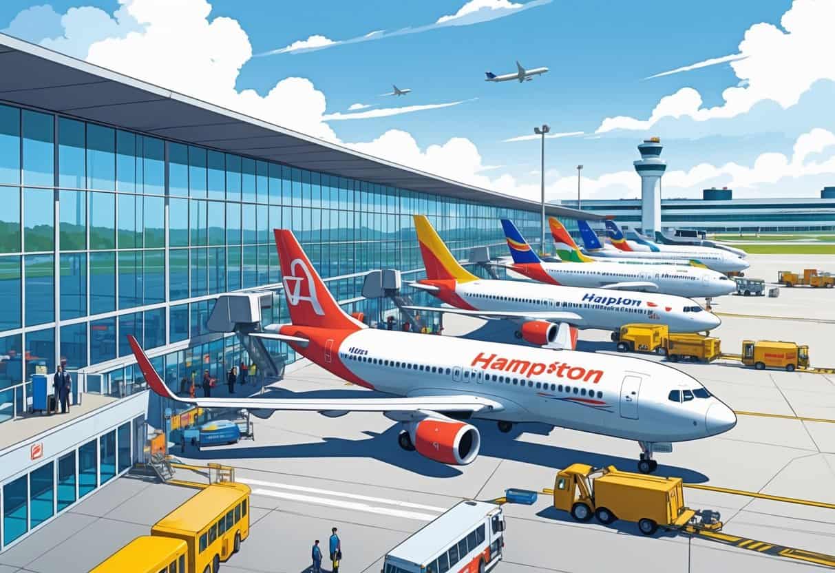 A busy airport scene showing airplanes from top airlines parked at gates outside a modern terminal at Hampton Virginia Airport with airport staff and vehicles nearby.
