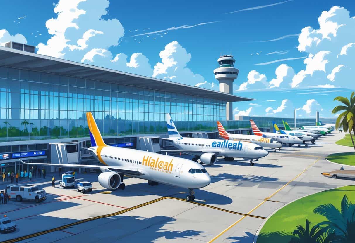An airport scene showing airplanes at gates, a terminal building, palm trees, and a control tower under a clear sky.