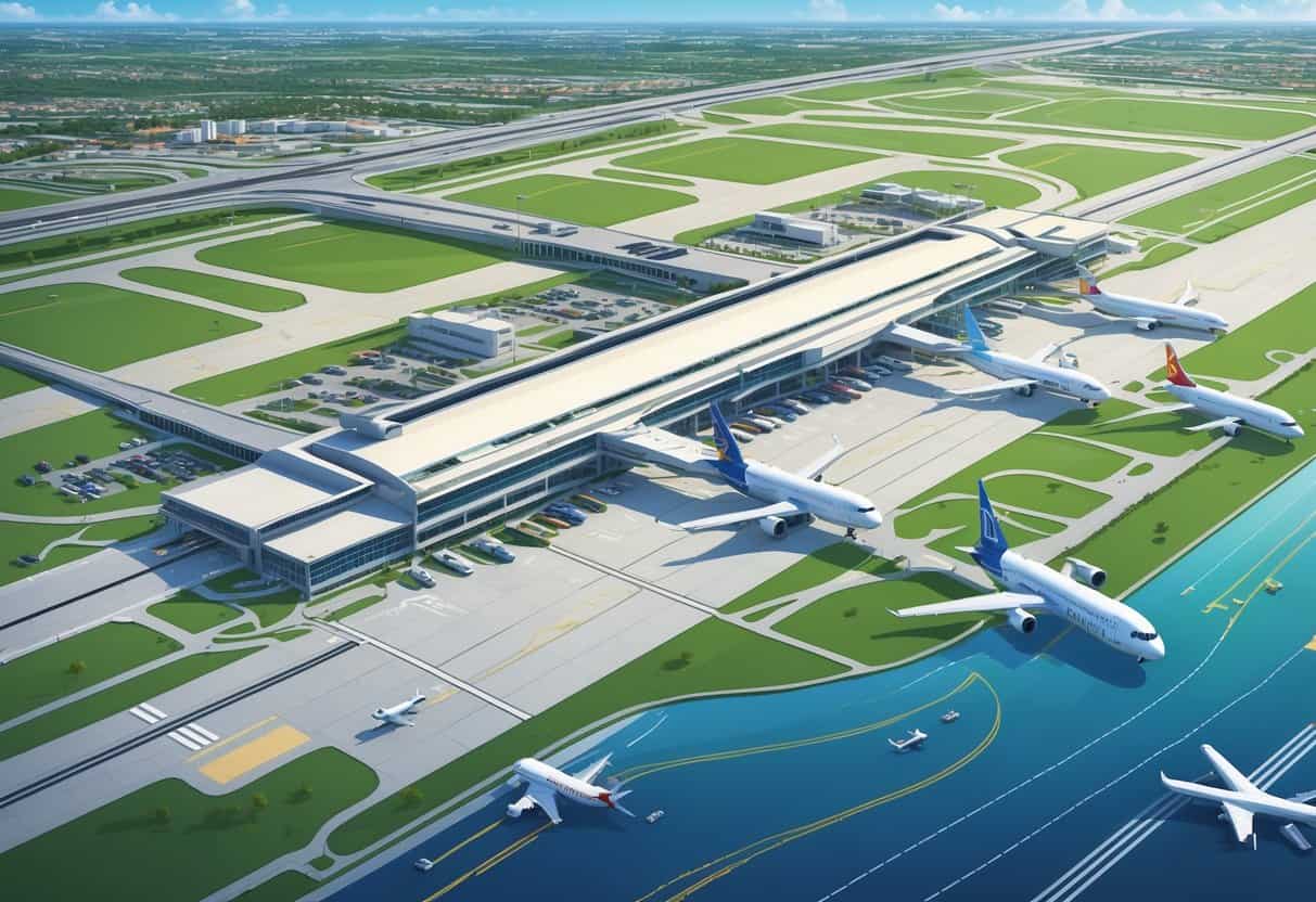 A detailed aerial view of Hialeah Florida Airport with airplanes on runways and gates, nearby roads with vehicles, and flight paths extending from the airport to various destinations.