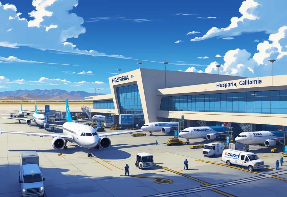 An airport terminal in Hesperia, California with several airplanes from major airlines parked at gates, surrounded by desert mountains and a bright sky.