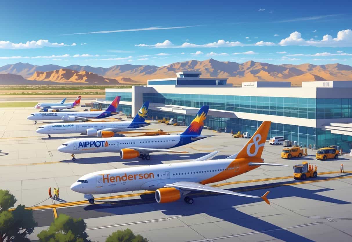 A busy airport scene showing several airplanes from top airlines on runways and gates at Henderson Nevada Airport with desert mountains in the background.