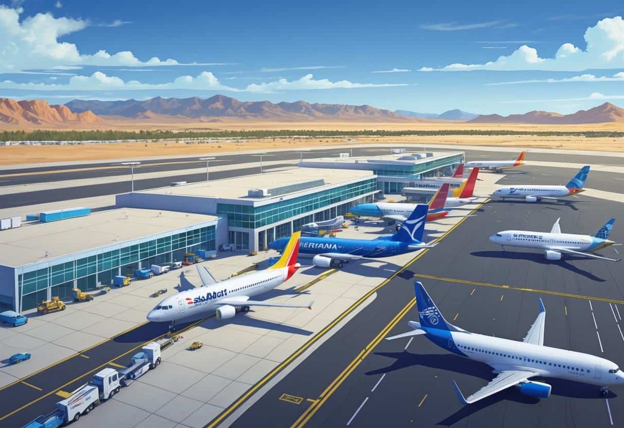 An airport scene showing several commercial airplanes from various airlines parked and taxiing near a modern terminal building with desert mountains in the background.