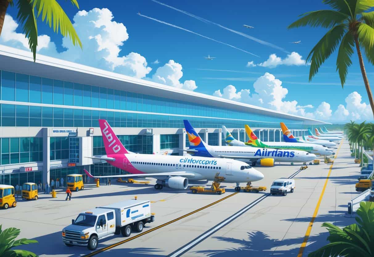 An airport scene at Hollywood Florida Airport showing airplanes parked at gates with airport staff and vehicles around, palm trees, and clear blue skies.
