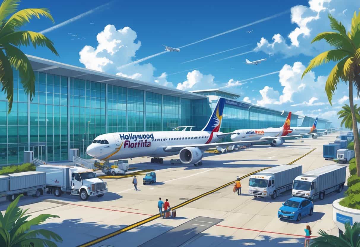 An airport terminal with airplanes from various airlines parked and taxiing, travelers walking with luggage, palm trees, and a clear sky in the background.
