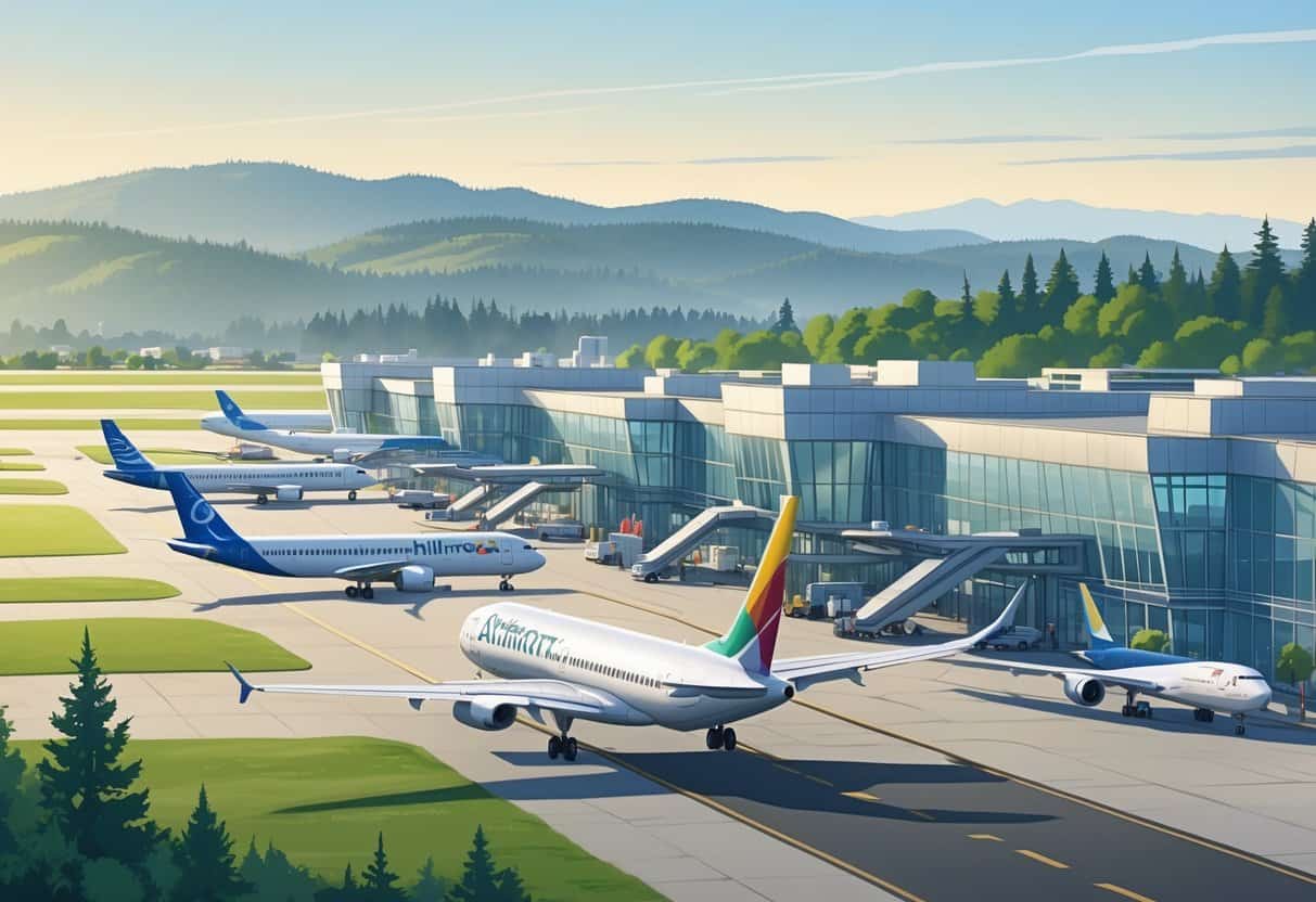 A daytime scene of Hillsboro Oregon Airport with airplanes on the runway and at gates, surrounded by hills and trees.