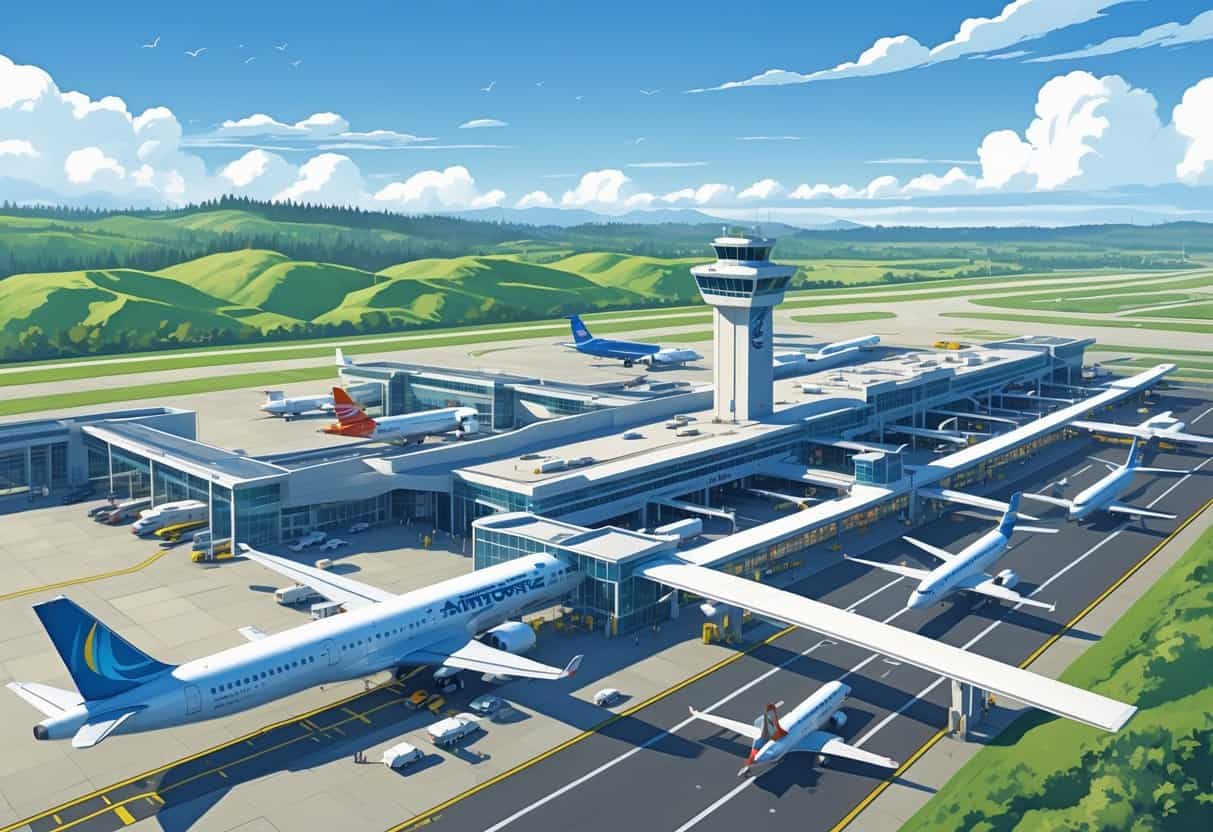 Aerial view of Hillsboro Oregon Airport with airplanes at gates, a control tower, runways, and green hills in the background under a clear sky.