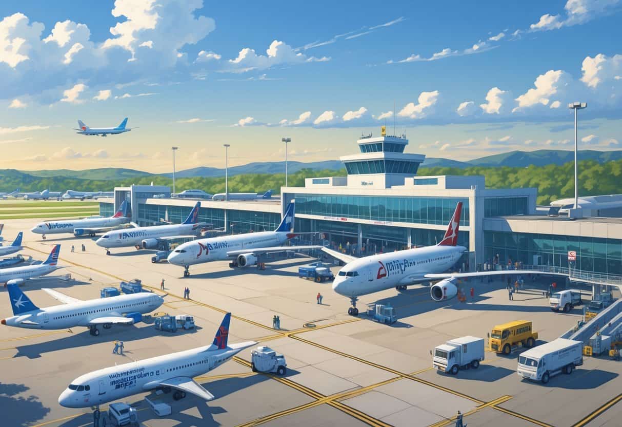 A busy airport terminal at High Point North Carolina with airplanes on the tarmac, ground service vehicles, passengers, and a distant city skyline.