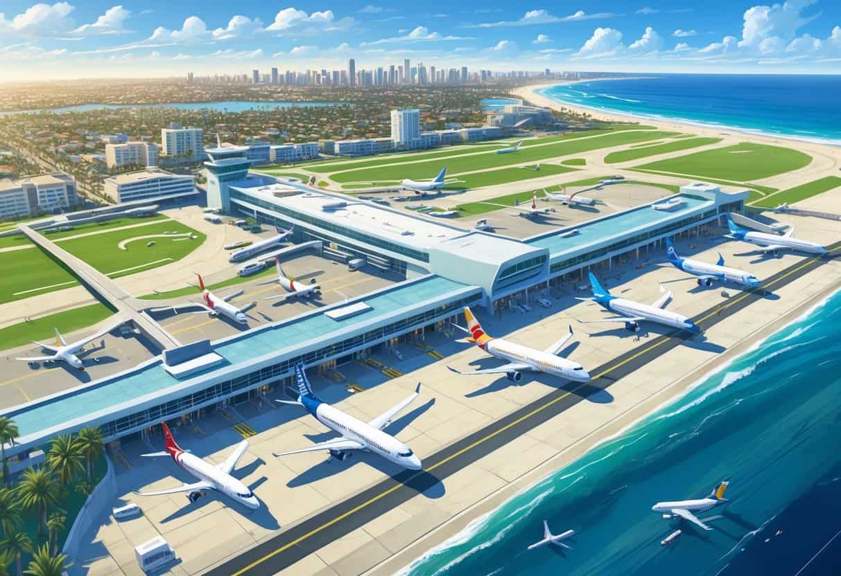 Aerial view of an airport near Huntington Beach, California, showing airplanes on runways and terminals with the city and coastline in the background.