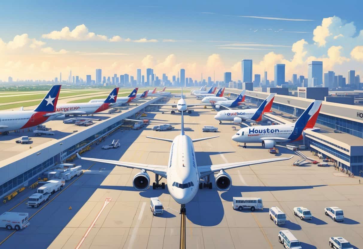 A busy Houston airport with several commercial airplanes from different airlines on the runway and near the terminal, with airport staff and vehicles around and a city skyline in the background.