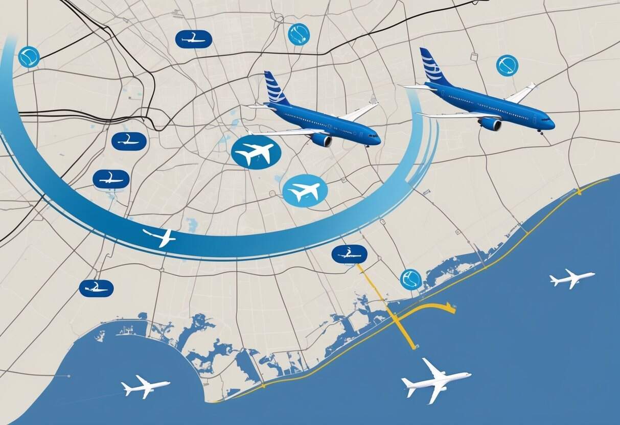 A map of Houston, Texas showing the locations of its two major airports with icons for airplanes and symbols representing major airlines flying from the city, connected by flight paths to various destinations.