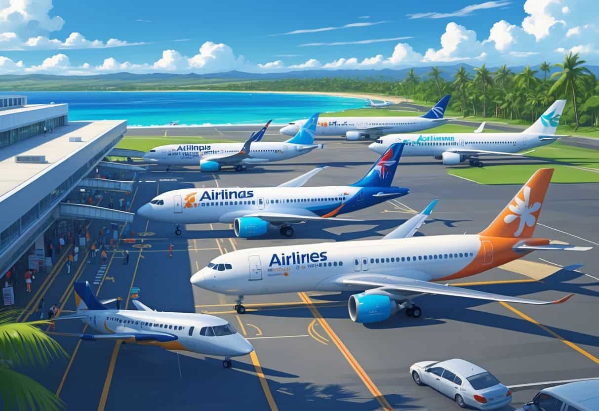 Airplanes from various airlines at Honolulu Hawaii Airport with passengers and staff near the terminal under a clear sky and palm trees.
