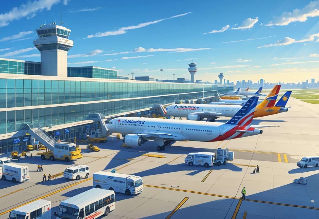 A busy airport scene at Indianapolis Indiana Airport with airplanes from various airlines parked and taxiing, airport terminal, ground vehicles, staff, and travelers under a clear sky.
