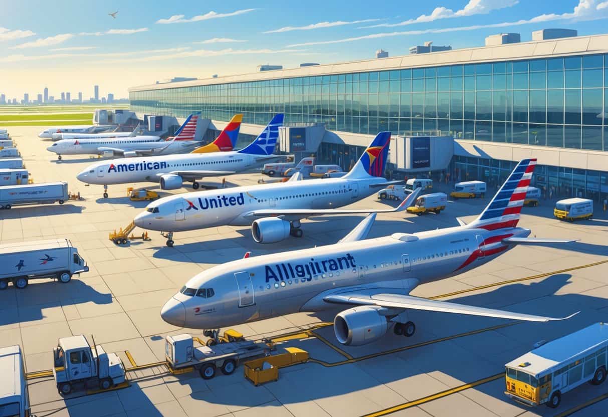 Airplanes from major airlines parked at Indianapolis International Airport with the terminal and ground vehicles in view under a clear sky.