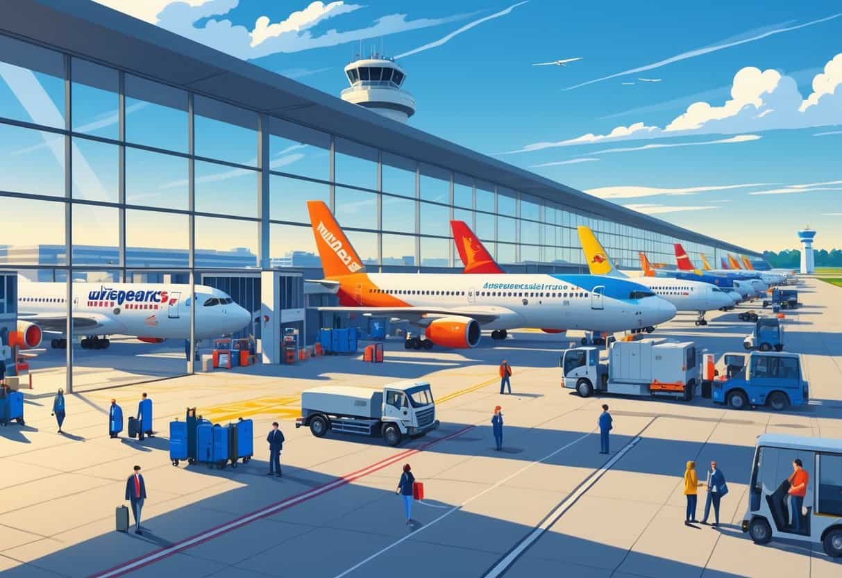 A busy airport terminal with airplanes parked at gates, passengers walking with luggage, airline staff, and ground vehicles at Independence Missouri Airport during the day.