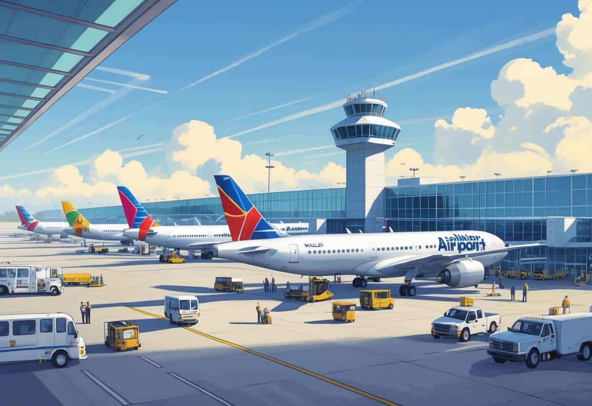 A busy airport scene at Huntsville Alabama Airport with airplanes parked at gates, airport terminal, control tower, ground vehicles, and people moving around.