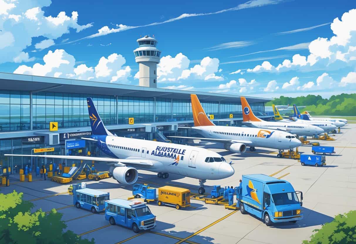 An airport terminal with several commercial airplanes from major airlines parked at gates, airport staff and vehicles servicing the planes, and a control tower in the background.