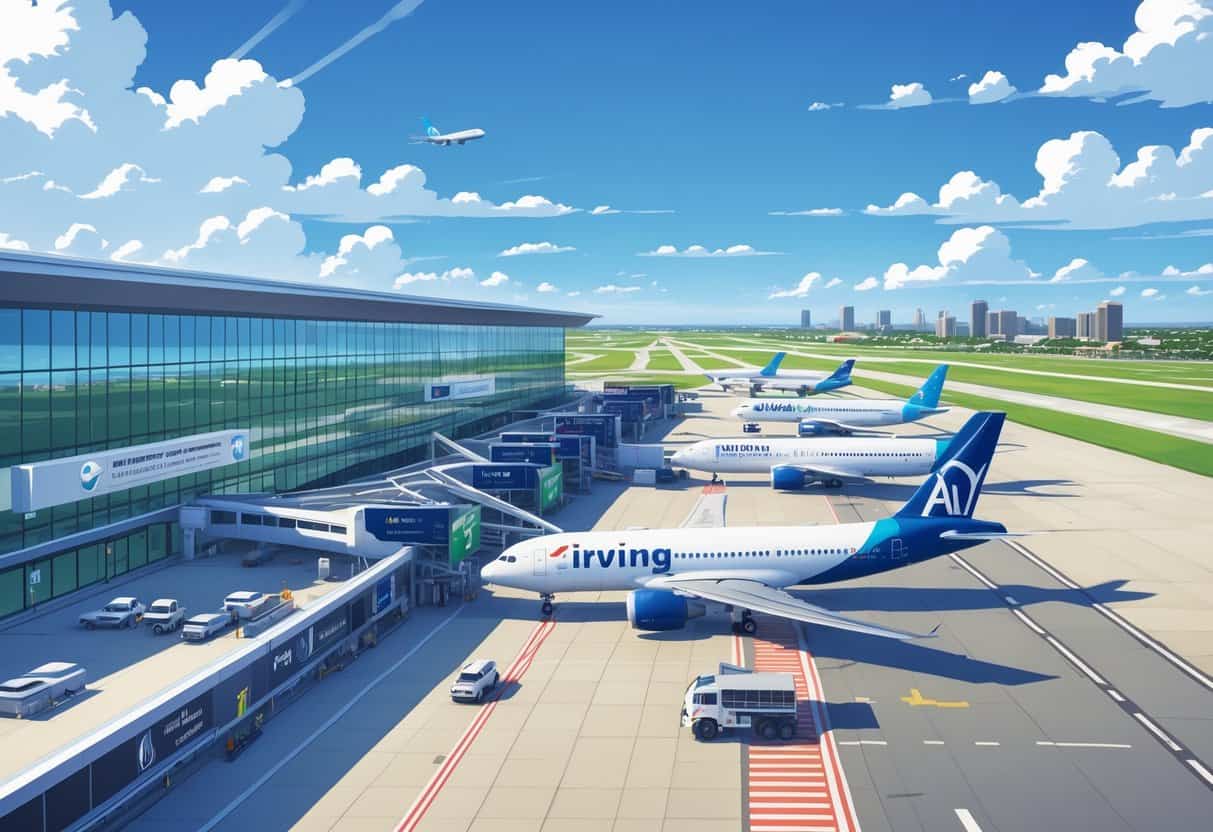 An airport terminal in Irving, Texas with airplanes from various airlines parked at gates and taxiing, with a city skyline and clear sky in the background.