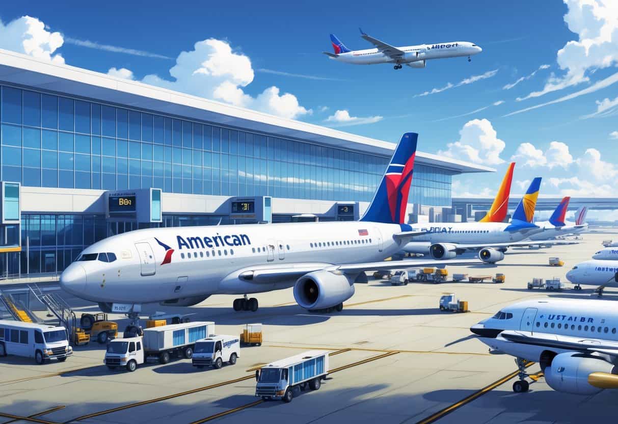 Airport scene showing multiple commercial airplanes from top airlines parked at gates with airport terminal and ground service vehicles in the background.